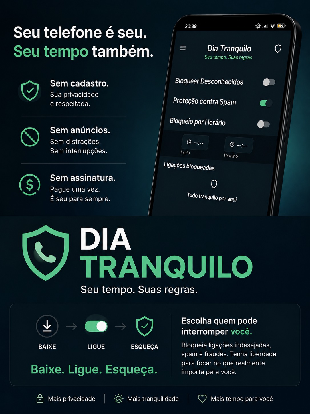 Arte oficial do Dia Tranquilo: sem cadastro, sem anúncios, sem assinatura e apresentação do aplicativo
